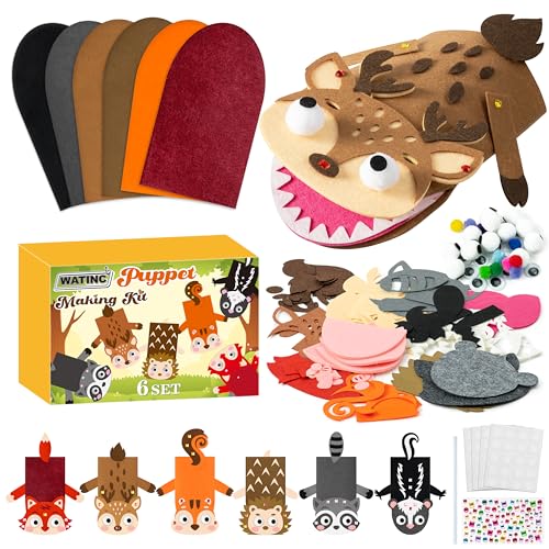 WATINC 6Pcs Hand Puppet Making Kit Art Craft Felt Sock Puppet Toys Creative DIY Make Your Own Pompoms Wiggle Googly Eyes Storytelling Role Play Party Supplies Gift for Girls Boys Woodland A - Image 1