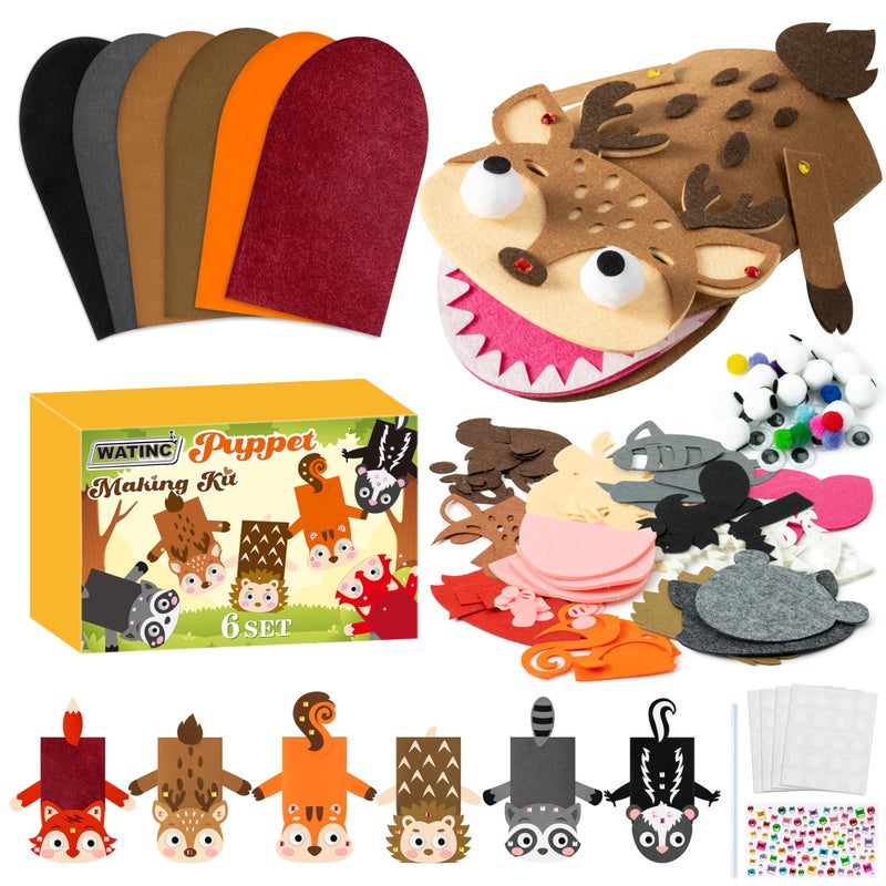 WATINC 6Pcs Hand Puppet Making Kit Art Craft Felt Sock Puppet Toys Creative DIY Make Your Own Pompoms Wiggle Googly Eyes Storytelling Role Play Party Supplies Gift for Girls Boys Woodland A - Image 3