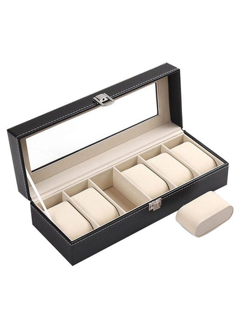 رولستيمي صندوق ساعة ، علبة ساعة ذات 6 فتحات مع غطاء زجاجي كبير ، وسائد ساعة قابلة للإزالة ، منظم صندوق ساعة ، هدية لأحبائهم ، جلد صناعي أسود ، بطانة مشمش - Image 1