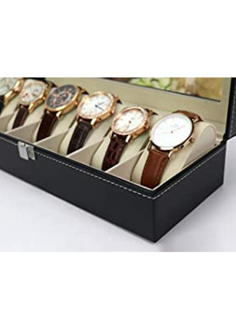 رولستيمي صندوق ساعة ، علبة ساعة ذات 6 فتحات مع غطاء زجاجي كبير ، وسائد ساعة قابلة للإزالة ، منظم صندوق ساعة ، هدية لأحبائهم ، جلد صناعي أسود ، بطانة مشمش - Image 3