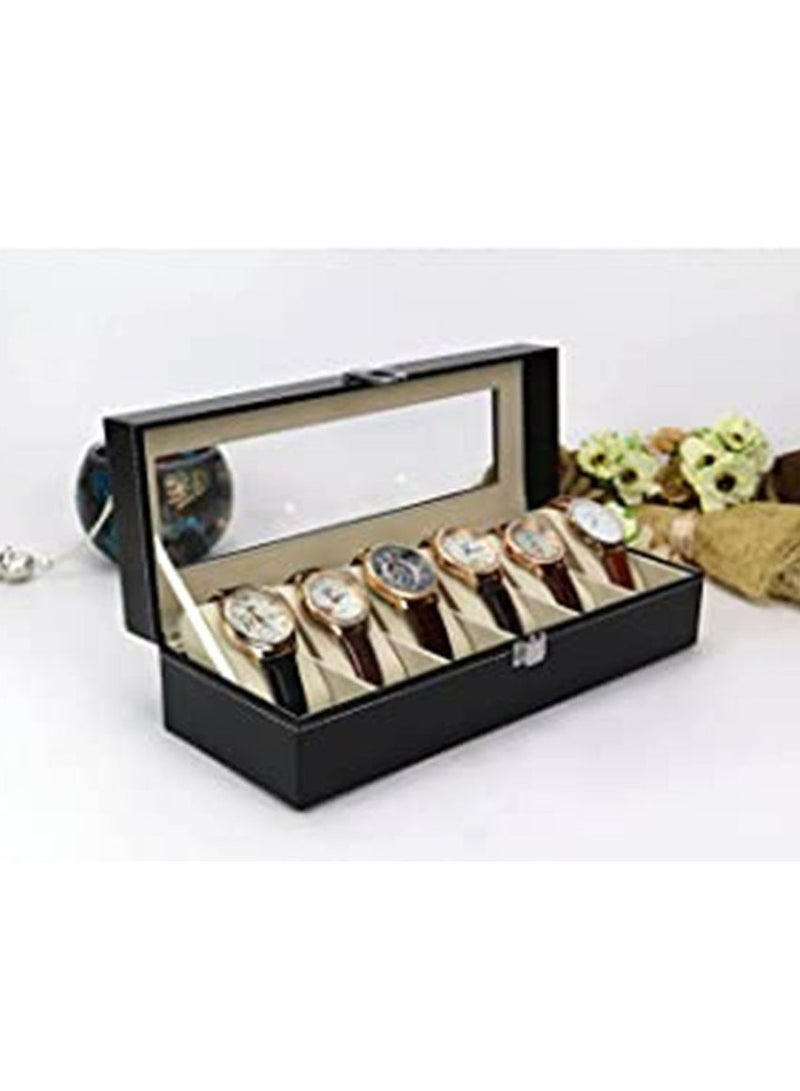 رولستيمي صندوق ساعة ، علبة ساعة ذات 6 فتحات مع غطاء زجاجي كبير ، وسائد ساعة قابلة للإزالة ، منظم صندوق ساعة ، هدية لأحبائهم ، جلد صناعي أسود ، بطانة مشمش - Image 4