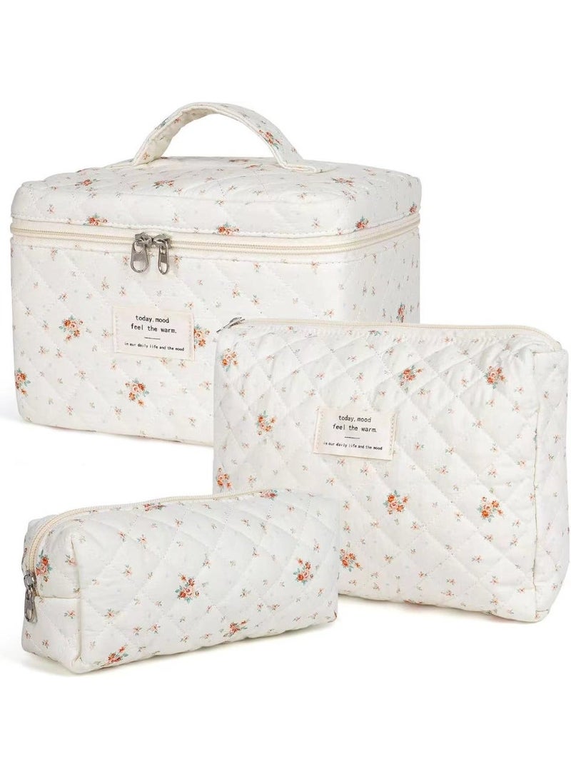 إسكدنيا حقيبة مكياج مبطنة كبيرة مكونة من 3 قطع للنساء والفتيات، حقيبة مستحضرات تجميل قطنية جميلة مزينة بالزهور، حقائب أدوات تواليت منظمة للسفر (زهرة حمراء صغيرة) - Image 1