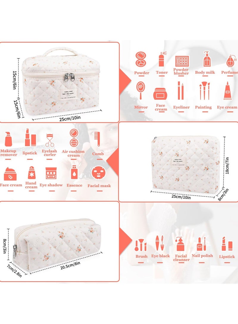 إسكدنيا حقيبة مكياج مبطنة كبيرة مكونة من 3 قطع للنساء والفتيات، حقيبة مستحضرات تجميل قطنية جميلة مزينة بالزهور، حقائب أدوات تواليت منظمة للسفر (زهرة حمراء صغيرة) - Image 3