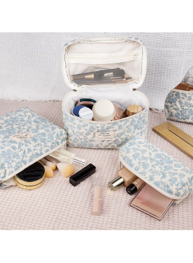 إسكدنيا حقيبة مكياج مبطنة كبيرة مكونة من 3 قطع للنساء والفتيات، حقيبة مستحضرات تجميل قطنية جميلة مزينة بالزهور، حقائب أدوات تواليت منظمة للسفر (زهرة حمراء صغيرة) - Image 5
