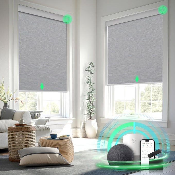 MOTORIZED BLINDS WITH REMOTE CONTROL BLACKOUT ROLLER SHADES CUSTOM SMART BLINDS WITH VALANCE CORDLESS ELECTRIC WINDOW BLINDS AUTOMATIC SHADESGREY34 WX72 H