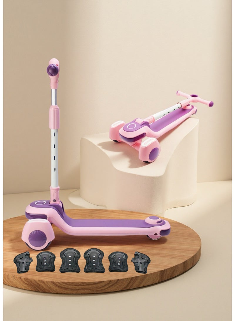 EASY FUTURE Kids Scooter with Sound, Foldable Design, Height-Adjustable Handle, LED PU Wheels & Rear Brake – Ideal for 3–8 Years Including Protective Gear Set - Image 1