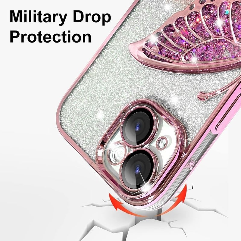 Mobistyle Silicone Designed For iPhone 15 Cover With Glitter Cute Butterfly Electroplating Design Back Cover Case For Women Teen Girls (Pink) - Image 5