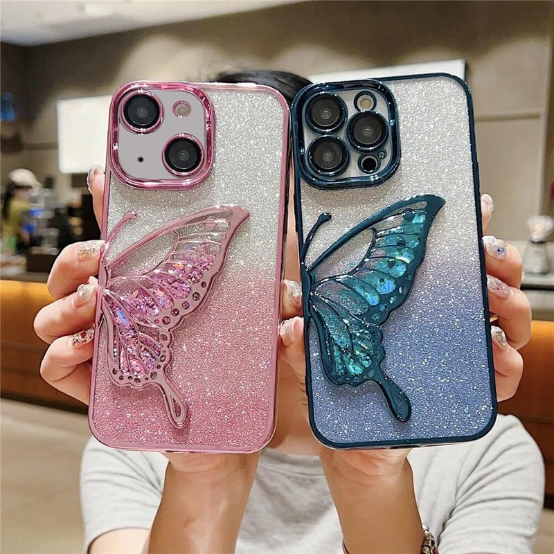 Mobistyle Silicone Designed For iPhone 15 Cover With Glitter Cute Butterfly Electroplating Design Back Cover Case For Women Teen Girls (Pink) - Image 4