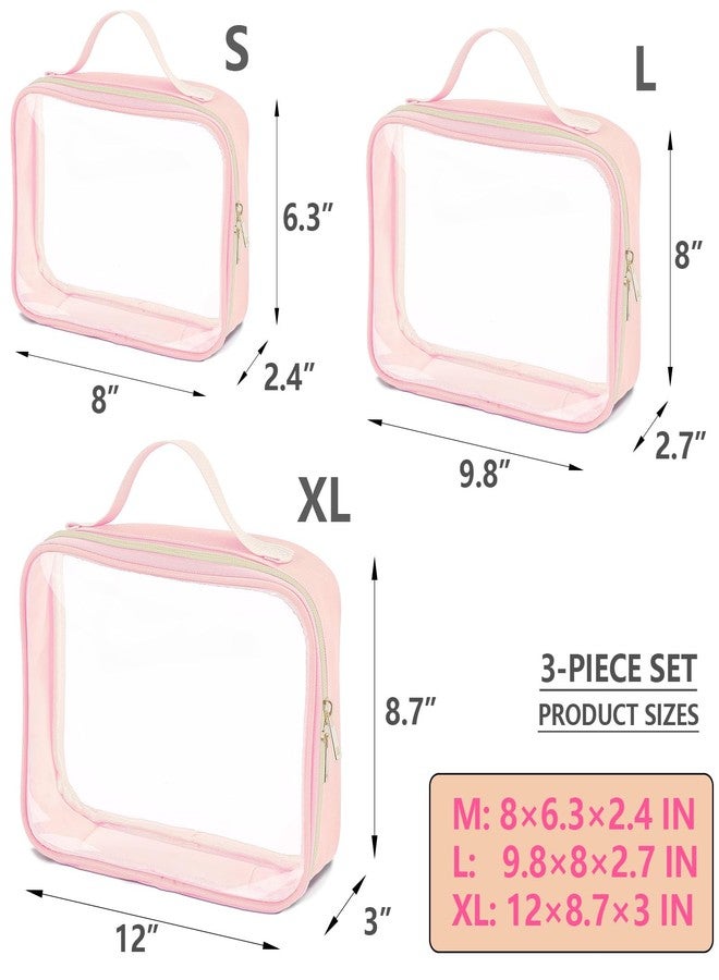 TREALDATE 3 Set of Clear Travel Bags for Toiletries,Clears Makeup-Bag Quart Size Travel Bag, Pink - Image 2