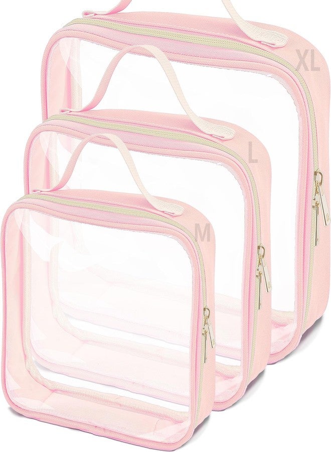 TREALDATE 3 Set of Clear Travel Bags for Toiletries,Clears Makeup-Bag Quart Size Travel Bag, Pink - Image 1