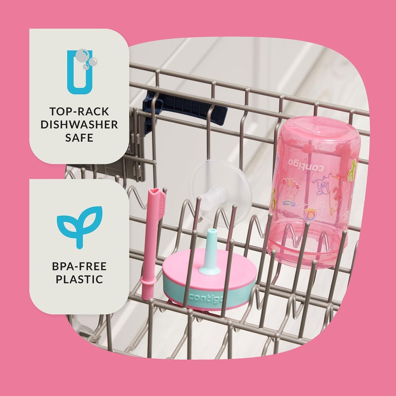 Contigo Leighton Kids Plastic Water Bottles, Spill-Proof Tumblers with Straw, Dishwasher Safe, 14oz 2-Pack in Blue Raspberry/Butterflies & Azalea/Llamas Themes - Ideal for Toddlers and Older Kids - Image 3