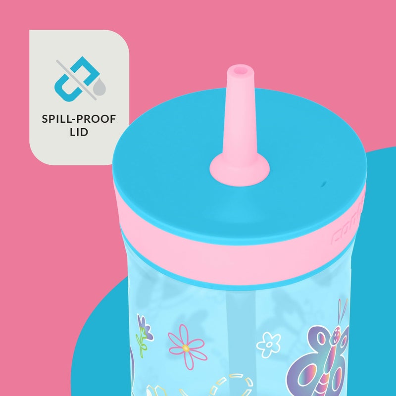 Contigo Leighton Kids Plastic Water Bottles, Spill-Proof Tumblers with Straw, Dishwasher Safe, 14oz 2-Pack in Blue Raspberry/Butterflies & Azalea/Llamas Themes - Ideal for Toddlers and Older Kids - Image 2