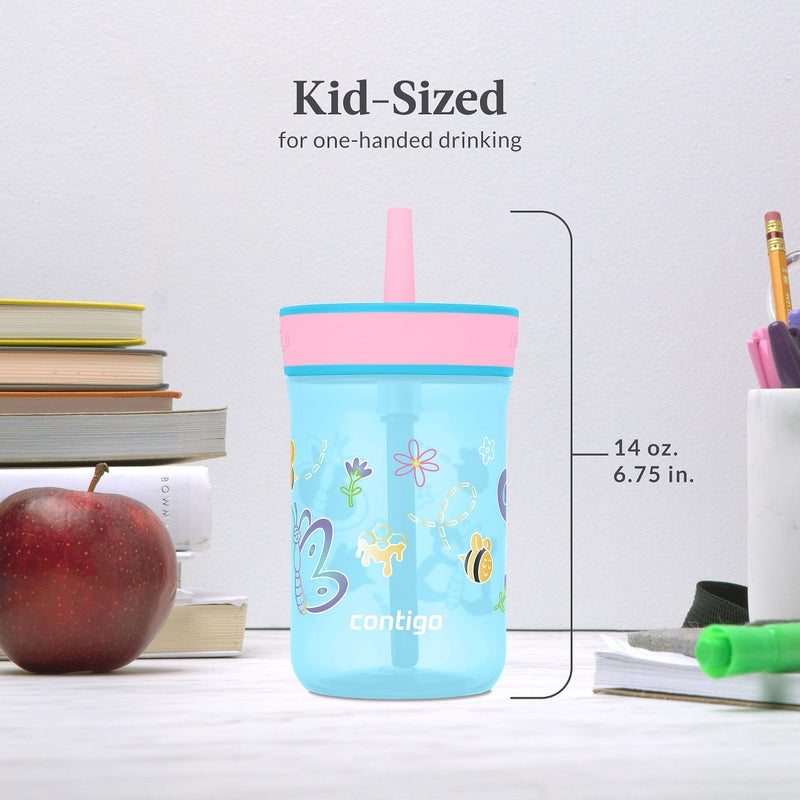 Contigo Leighton Kids Plastic Water Bottles, Spill-Proof Tumblers with Straw, Dishwasher Safe, 14oz 2-Pack in Blue Raspberry/Butterflies & Azalea/Llamas Themes - Ideal for Toddlers and Older Kids - Image 5