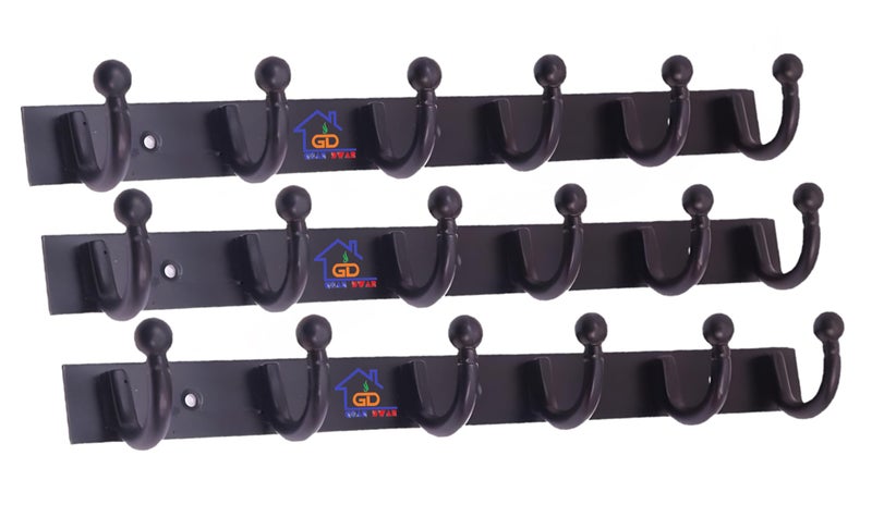 GHAR DWAR Heavy Duty Goli Stainless Steel Cloth Hanger Suitable for Bathroom Bedroom Kitchen Wall Hook Rail Hanging Scarf, Coat,Keys Tie Clothes Towel Door Robe Hanging (Pack of 3, Black 6 Hook) - Image 1