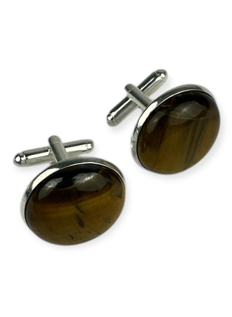 Imported large men's cufflinks with tiger's eye, one of the finest natural gemstones - a luxurious touch for a sophisticated look on formal occasions - Image 1