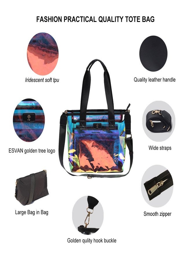 ESVAN Iridescent Soap Bubble Clear Tote Bag - Stadium Approved with Bag-in-Bag Shoulder Design for Concerts, Beaches, Events (Black Iridescent) - Image 3