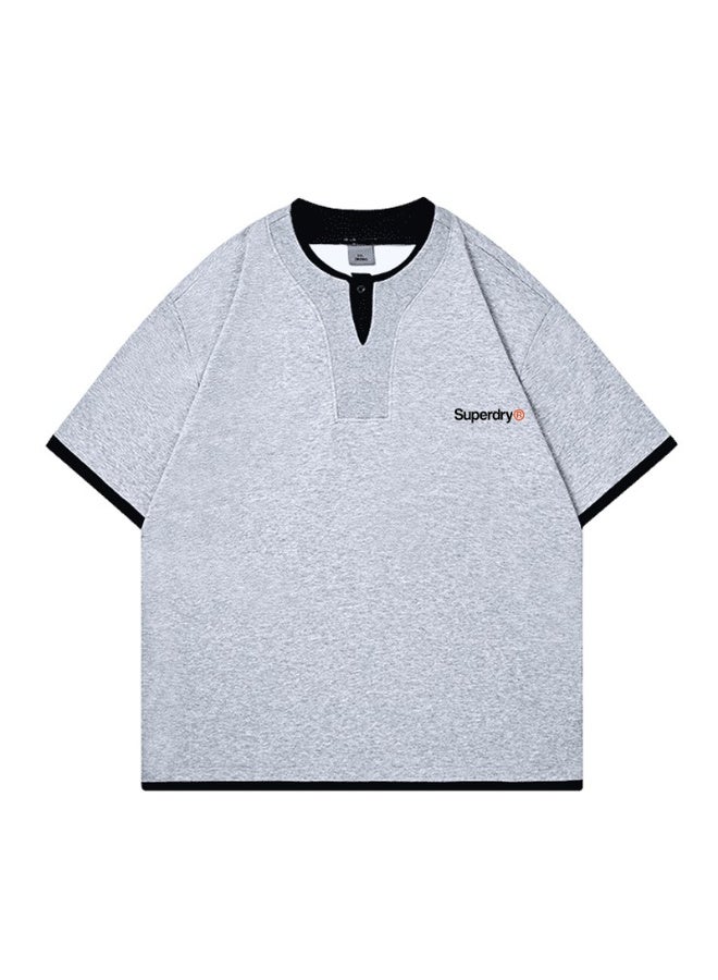 سوبر دراي Superdry couple fake two pieces of Henry collar short sleeve contrast loose T-shirt casual sports shirt for men and women. - Image 3