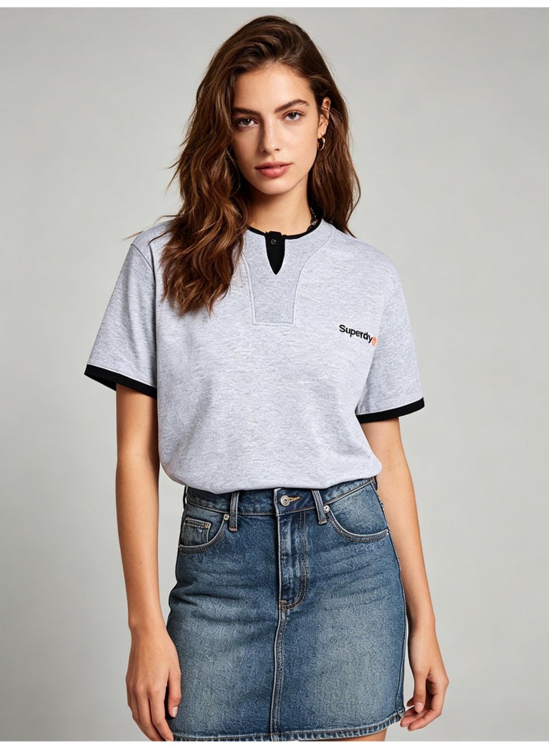 سوبر دراي Superdry couple fake two pieces of Henry collar short sleeve contrast loose T-shirt casual sports shirt for men and women. - Image 2