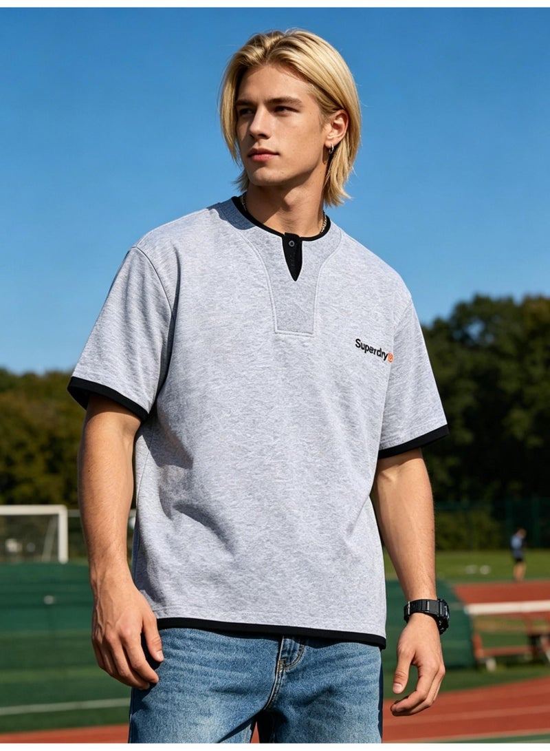 سوبر دراي Superdry couple fake two pieces of Henry collar short sleeve contrast loose T-shirt casual sports shirt for men and women. - Image 5