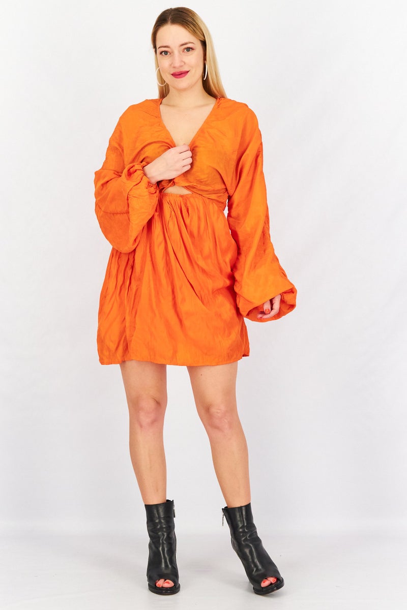 NA-KD Women Twisted And Cut out Front Detail Casual Wrap Mini Dress, Orange - Image 3