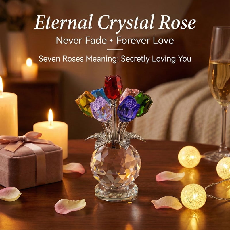 Rotroyce 7 Crystal Roses Figurine with Gift Box â€“ Colorful K9 Glass Floral Sculpture, Handmade Everlasting Flower Decor, Meaningful Gift for Women, Mom, Wife, Anniversary, Wedding, Valentineâ€™s Day (Multicolor) - Image 5
