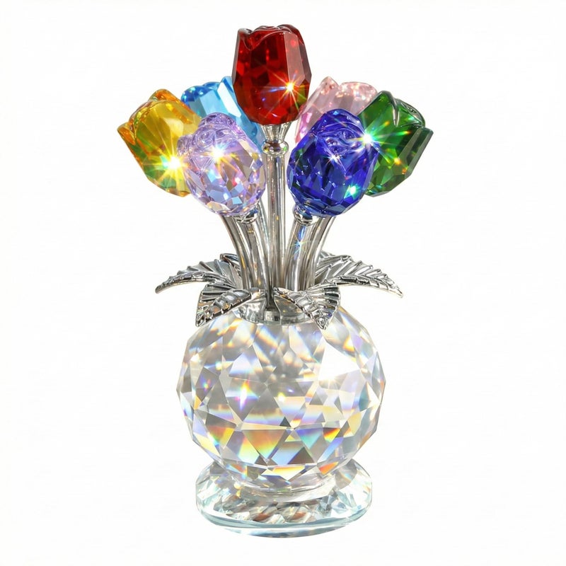 Rotroyce 7 Crystal Roses Figurine with Gift Box â€“ Colorful K9 Glass Floral Sculpture, Handmade Everlasting Flower Decor, Meaningful Gift for Women, Mom, Wife, Anniversary, Wedding, Valentineâ€™s Day (Multicolor) - Image 1