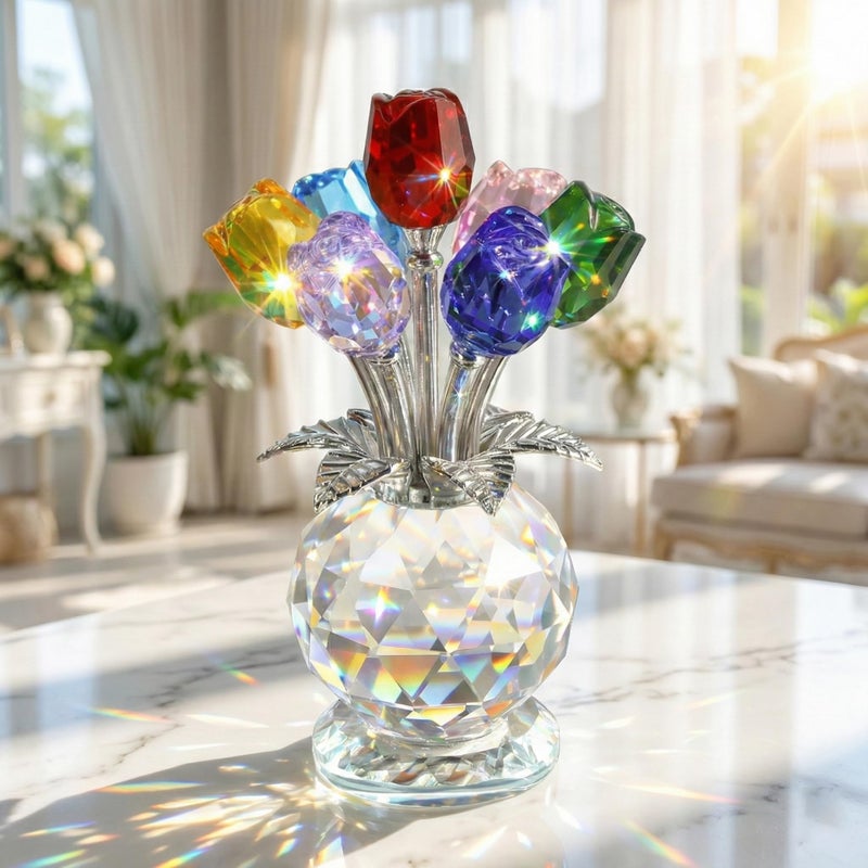Rotroyce 7 Crystal Roses Figurine with Gift Box â€“ Colorful K9 Glass Floral Sculpture, Handmade Everlasting Flower Decor, Meaningful Gift for Women, Mom, Wife, Anniversary, Wedding, Valentineâ€™s Day (Multicolor) - Image 4
