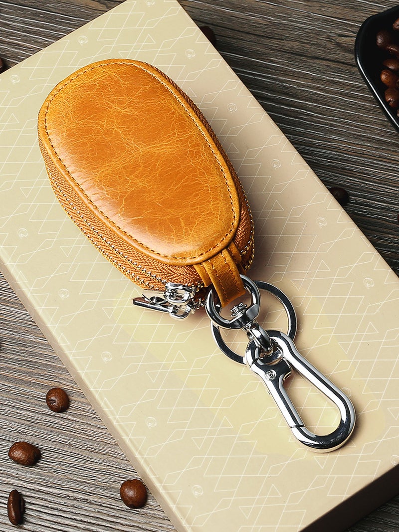 Genuine Leather Key Bag Men'S Double Zipper Car Key Set Retro First Layer Cowhide Key Bag - Image 3