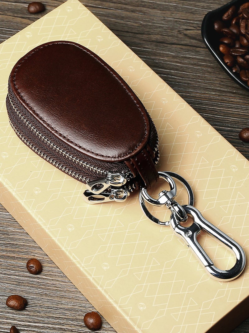 Genuine Leather Key Bag Men'S Double Zipper Car Key Set Retro First Layer Cowhide Key Bag - Image 4