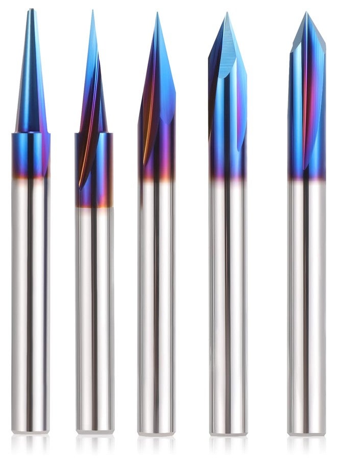 HQMaster 5PCS CNC Wood Carving Router Bits Set, 1/4'' Shank, 15° Detail Carving Liner+ 20° Profile bit+30°+60°+ 90° V Groove Router Bit Set - Image 1