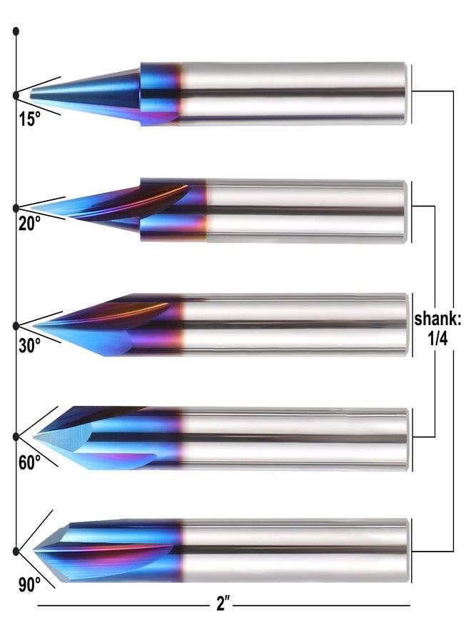 HQMaster 5PCS CNC Wood Carving Router Bits Set, 1/4'' Shank, 15° Detail Carving Liner+ 20° Profile bit+30°+60°+ 90° V Groove Router Bit Set - Image 2