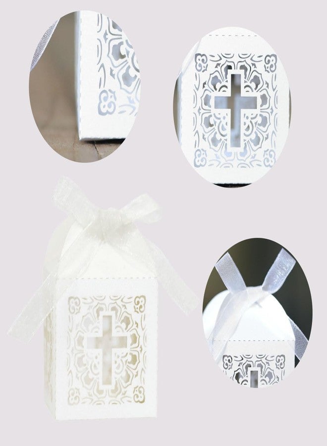 Morbanner Baptism Favor Boxes，2.2''x2.2''x2.2''Laser Cut Cross Favor Boxes with 50 Ribbons for Baby Shower Favors Baptism Decorations First Birthday Party (White - Image 3