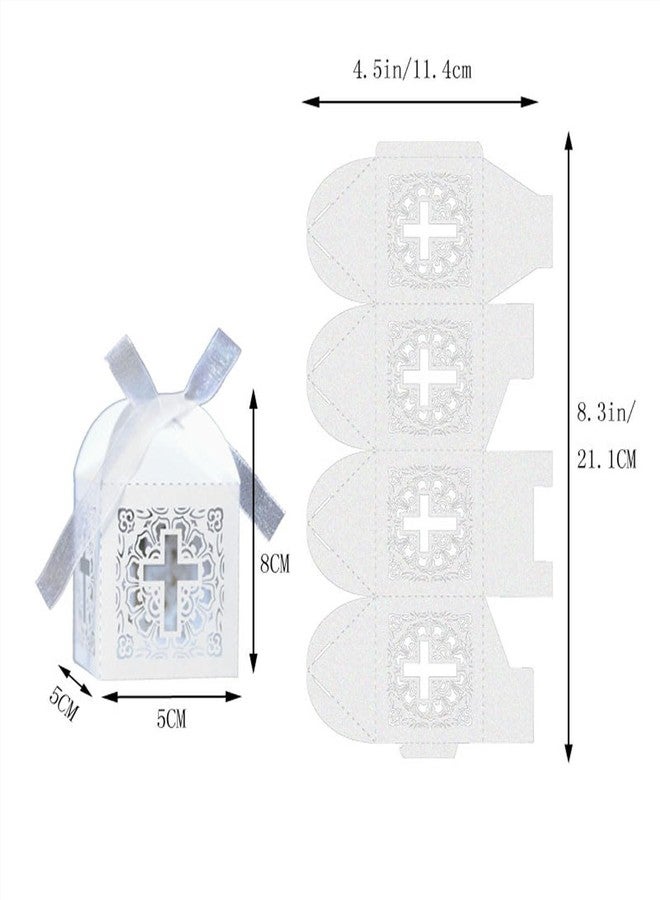 Morbanner Baptism Favor Boxes，2.2''x2.2''x2.2''Laser Cut Cross Favor Boxes with 50 Ribbons for Baby Shower Favors Baptism Decorations First Birthday Party (White - Image 2