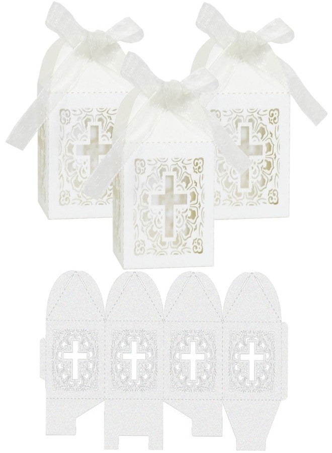 Morbanner Baptism Favor Boxes，2.2''x2.2''x2.2''Laser Cut Cross Favor Boxes with 50 Ribbons for Baby Shower Favors Baptism Decorations First Birthday Party (White - Image 5