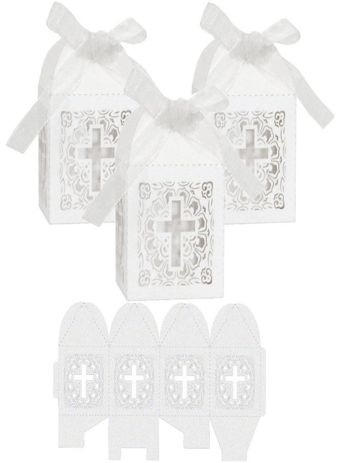 Morbanner Baptism Favor Boxes，2.2''x2.2''x2.2''Laser Cut Cross Favor Boxes with 50 Ribbons for Baby Shower Favors Baptism Decorations First Birthday Party (White - Image 1