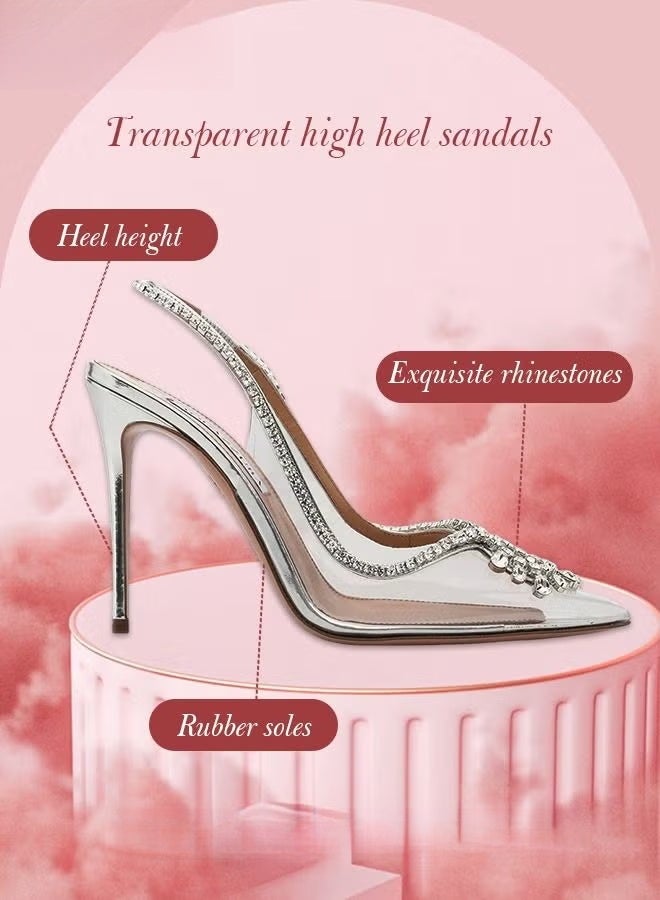 Women Rhinestone Decor Slingbacks PVC Stiletto Heeled Glamorous Pumps Fashion Crystal High Heels Slip On Slingback Pointed Closed Toe Transparent PVC Dress Wedding Sandals Summer Shoes - Image 3