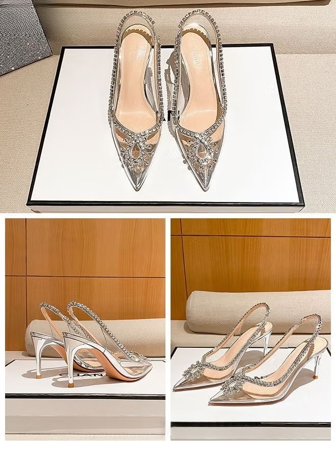 Women Rhinestone Decor Slingbacks PVC Stiletto Heeled Glamorous Pumps Fashion Crystal High Heels Slip On Slingback Pointed Closed Toe Transparent PVC Dress Wedding Sandals Summer Shoes - Image 2