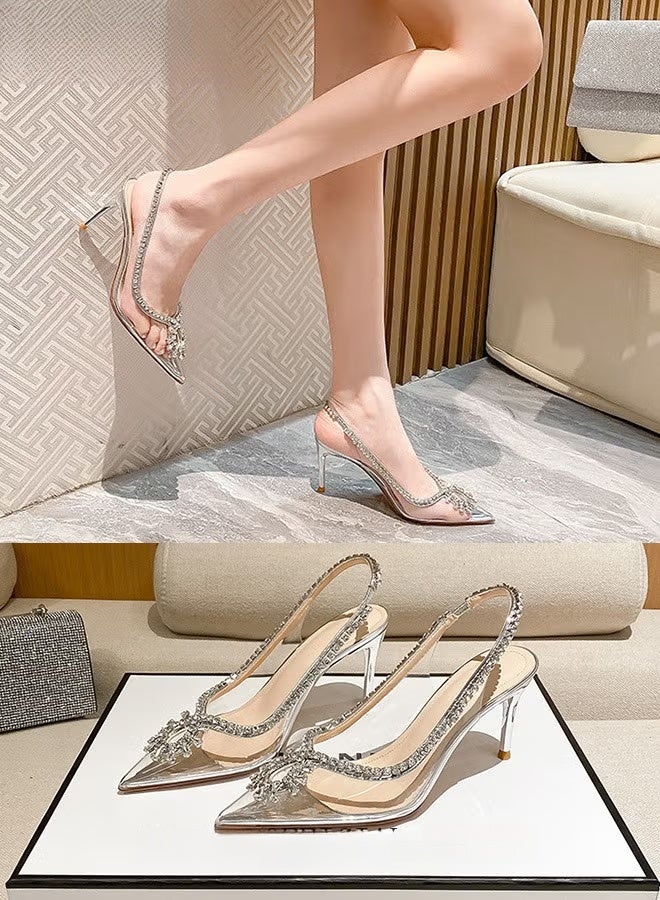 Women Rhinestone Decor Slingbacks PVC Stiletto Heeled Glamorous Pumps Fashion Crystal High Heels Slip On Slingback Pointed Closed Toe Transparent PVC Dress Wedding Sandals Summer Shoes - Image 4