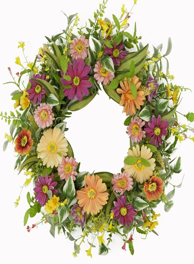 WreathDream أكاليل الربيع الاصطناعية من WreathDream للباب الأمامي، إكليل باب صيفي مع زهور الأقحوان متعددة الألوان للباب الأمامي، ديكور داخلي وخارجي، ديكور منزلي ريفي، جدار، نافذة، ديكور للمهرجانات وحفلات الزفاف - Image 1