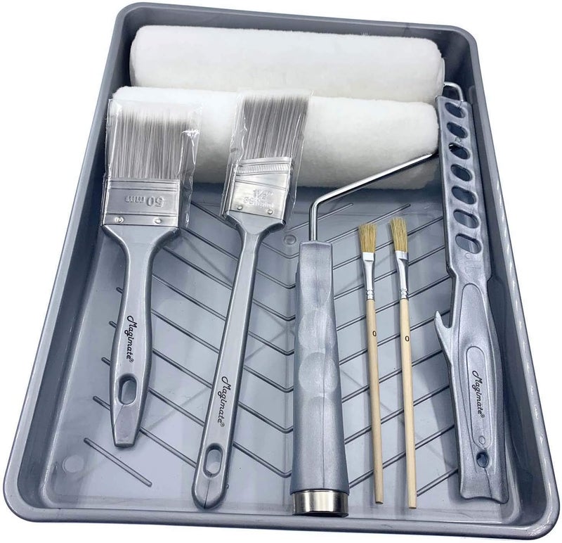 Magimate Paint Roller Brushes Set Featuring Smooth Roller Covers, Threaded Roller Handle, Sturdy Paint Tray and Assorted Paint Brushes, for Household Painting Application - 9 Inch Paint Roller Kit - Image 1