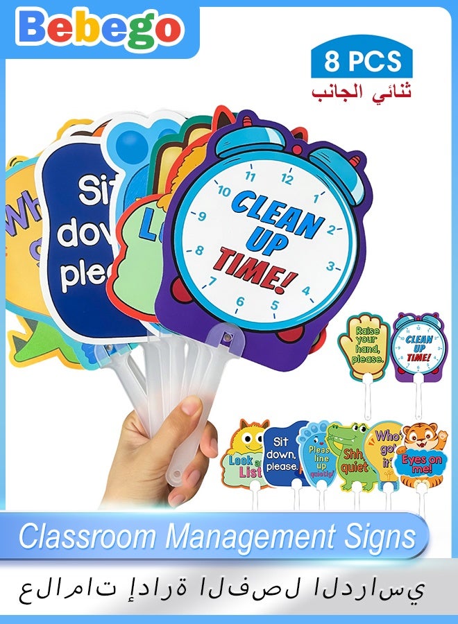 BEBEGO 8pcs Classroom Management Signs - Double-Sided Educational Handheld Teacher Tools with Colorful Illustrations & Interactive Learning Activities for Preschool, Kindergarten, Elementary - Durable Plastic Classroom Organization Supplies for Homeschool & Playroom, Classroom Decorations for Teachers, Playroom Essentials, Playful Design, Easygrip Handles - Image 1
