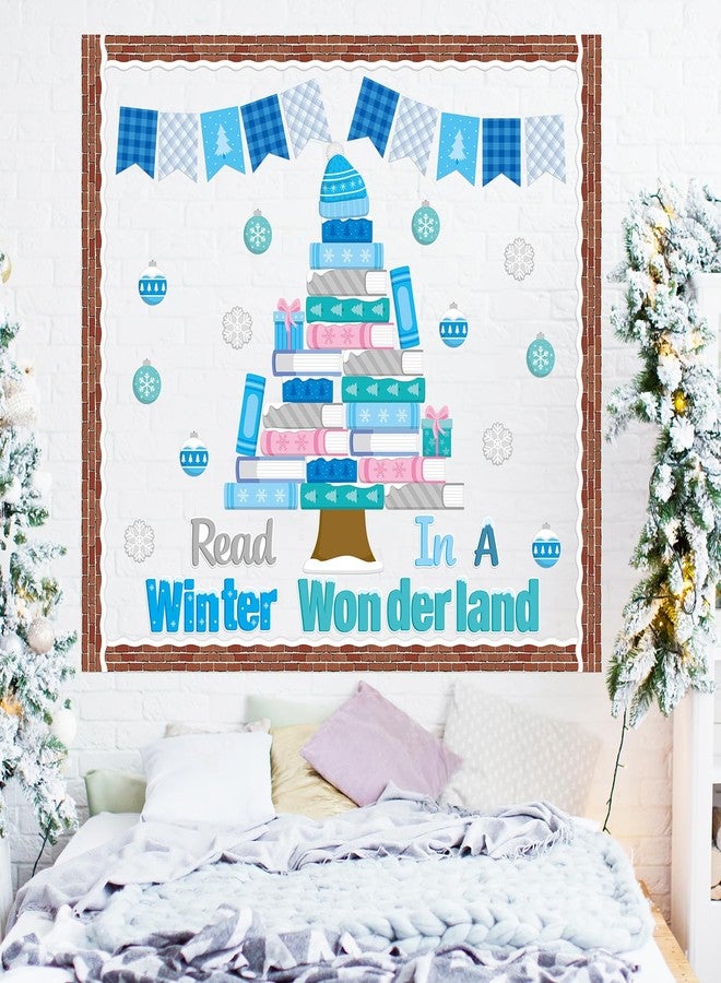 BeYumi Winter Books Bulletin Board - 100Pcs Christmas Read in A Winter Wonderland Bulletin Board Set Blue Book Tree Snow Cutouts Red Brick Border Trim School Classroom Library Chalkboard Wall Decor - Image 5