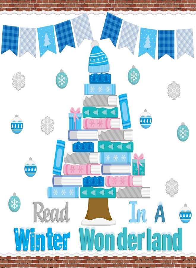 BeYumi Winter Books Bulletin Board - 100Pcs Christmas Read in A Winter Wonderland Bulletin Board Set Blue Book Tree Snow Cutouts Red Brick Border Trim School Classroom Library Chalkboard Wall Decor - Image 1