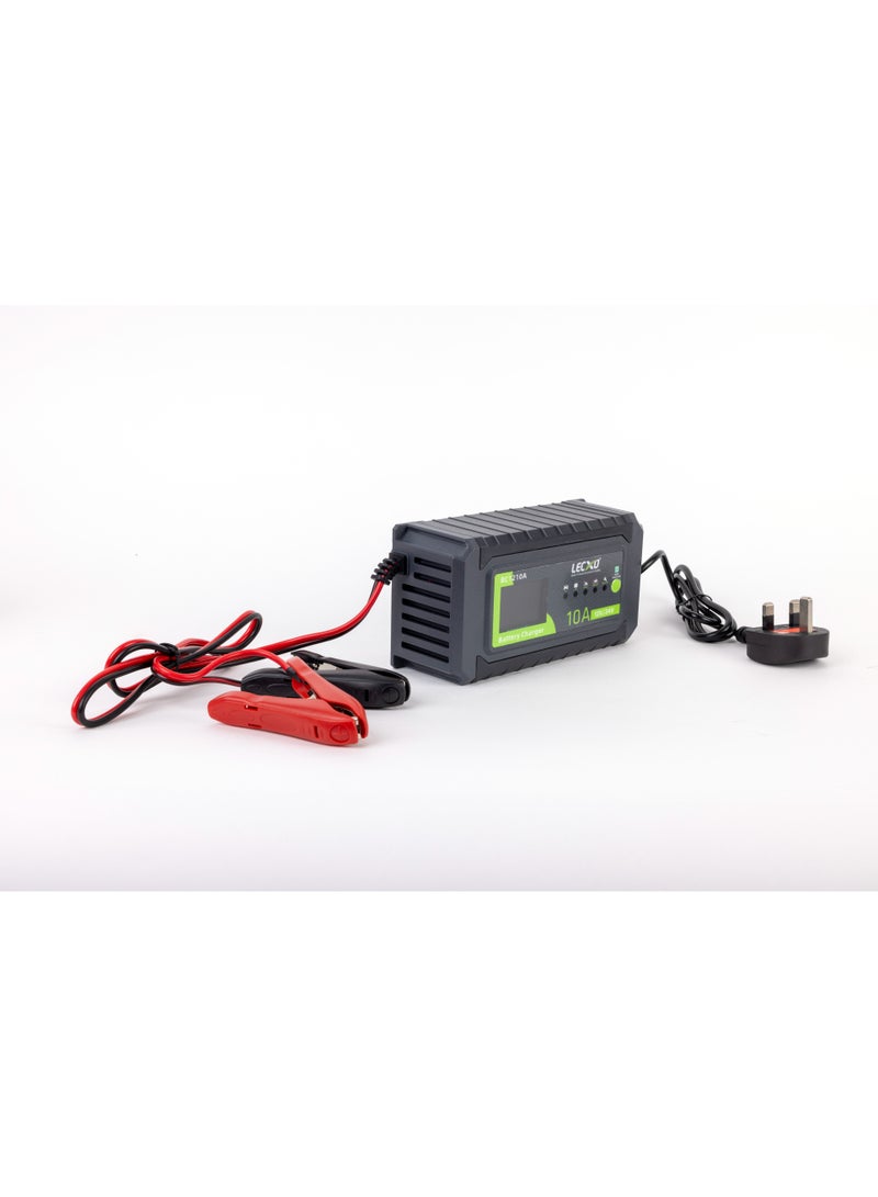 Lecxo 12V/24V 10A LECXO Battery Charger Intelligent Pulse Repair Type Charger with Digital Display for Car and Motorcycle Battery - Image 1