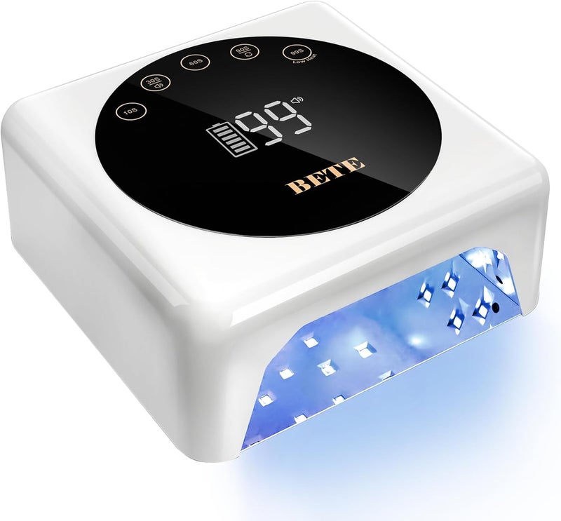مصباح أظافر LED بدون سلك BETE، 78 واط مصباح أظافر UV قابل لإعادة الشحن، مصباح تجفيف الأظافر الذكي مع مستشعر الأشعة تحت الحمراء وعرض LCD، مصباح تجفيف الأظافر المحمول مع 5 إعدادات مؤقتة باللون الأبيض