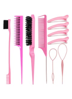 KHAJUL 10 Pieces Hair Styling Comb Set, Teasing Hair Brush, Edge Brush Hair Tail Tools, Braid Tool Loop with Hair Clips, For Women Girls Kids Hair Stylists Braiding Backcombing (Pink)  - Image 1