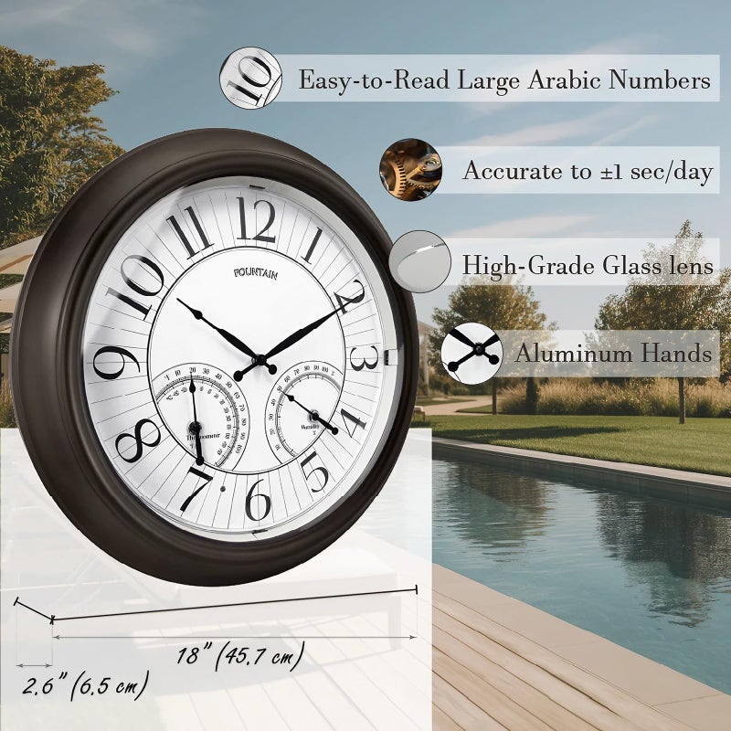 FOUNTAIN DESIGNS 18 Inch Illuminated in/Outdoor Clock with Smart Sensor and Night Light, Waterproof, Large Wall Clock with Thermometer & Hygrometer for Patio,Pool and Garden Decor,Oil Rubbed Bronze - Image 5