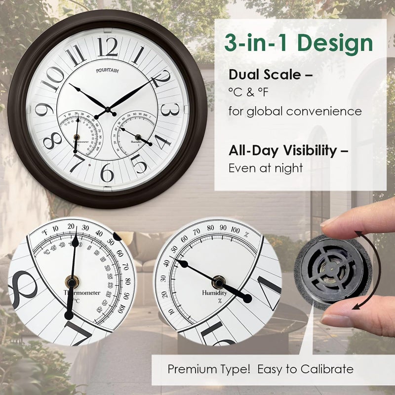FOUNTAIN DESIGNS 18 Inch Illuminated in/Outdoor Clock with Smart Sensor and Night Light, Waterproof, Large Wall Clock with Thermometer & Hygrometer for Patio,Pool and Garden Decor,Oil Rubbed Bronze - Image 4