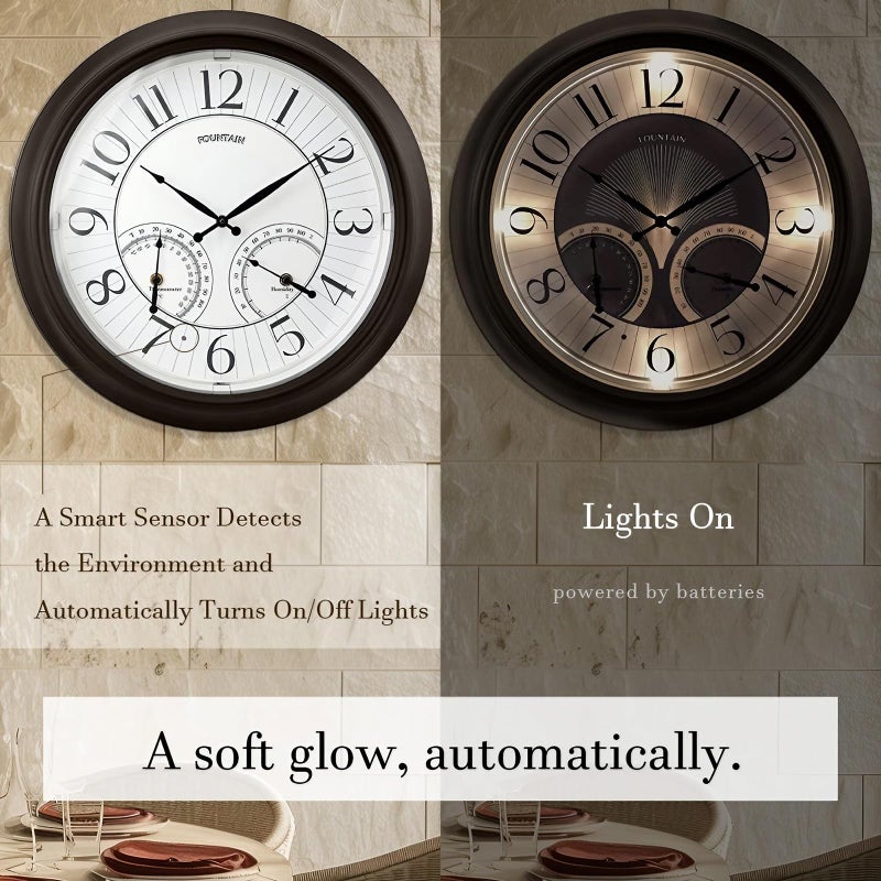 FOUNTAIN DESIGNS 18 Inch Illuminated in/Outdoor Clock with Smart Sensor and Night Light, Waterproof, Large Wall Clock with Thermometer & Hygrometer for Patio,Pool and Garden Decor,Oil Rubbed Bronze - Image 2