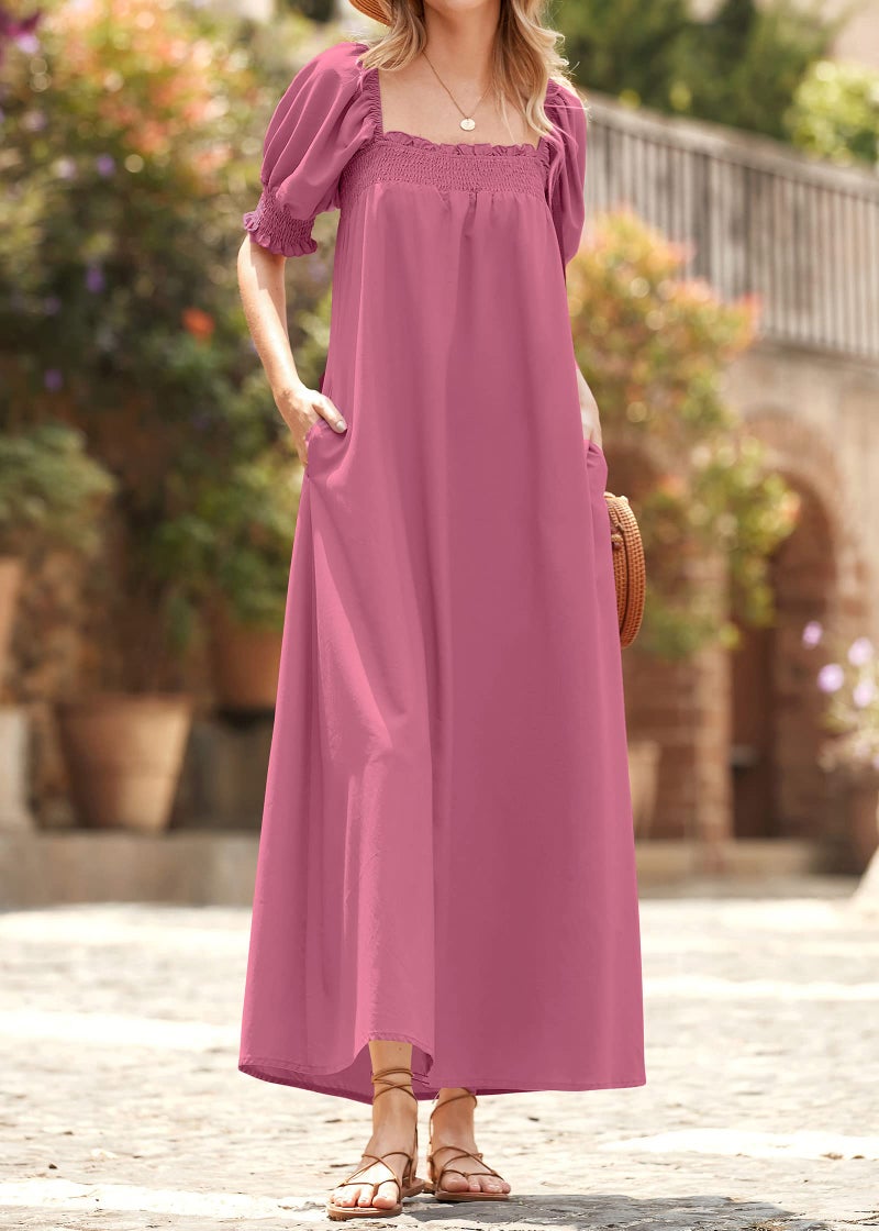 KIRUNDO Women 2026 Summer Maxi Dress Casual Loose Puff Sleeve Square Neck Maternity Flowy Long Beach Dresses with Pockets(Rose Pink, X-Large) - Image 2